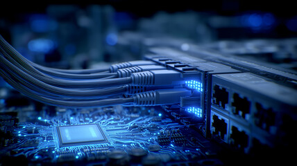 A network of connected cables plugged into a circuit board representing data infrastructure communication systems and high speed connectivity.
