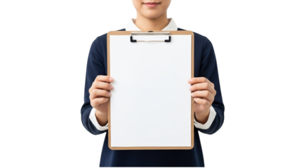 A person holding a blank clipboard on transparent background for business presentation