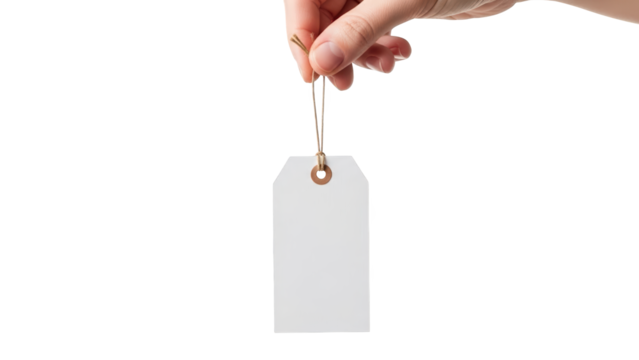 A hand holding a blank white tag on a transparent background for labeling purposes - Powered by Adobe