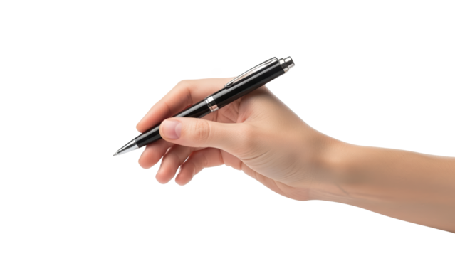 A hand holding a black pen on transparent background for business and creative use - Powered by Adobe