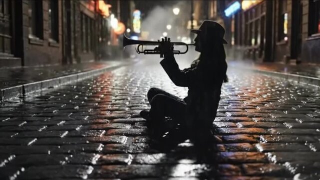 Silhouette of a musician playing trumpet on a rainy cobblestone street at night for artistic passion concept and urban melancholy