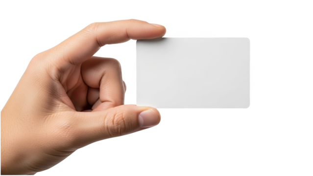 A hand holding a blank white business card on transparent background - Powered by Adobe