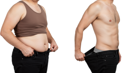 Caucasian man, mid-30s, before and after weight loss in brown tank top and jeans on white studio background, showing body transformation. Concept of fitness and progress