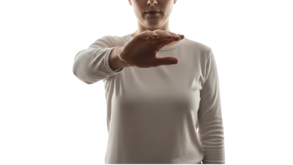 A woman in a white shirt holding out her hand in a stopping motion on transparent background