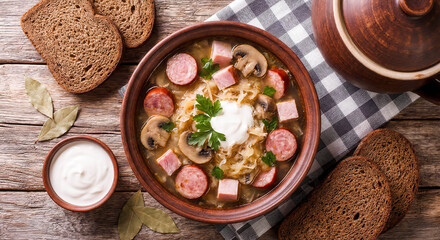 Traditional Sauerkraut Soup with Sausage and Mushrooms