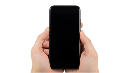 A person holding a smartphone with a blank screen on transparent background