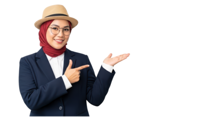 A smiling businesswoman in a hijab and hat presenting something on transparent background