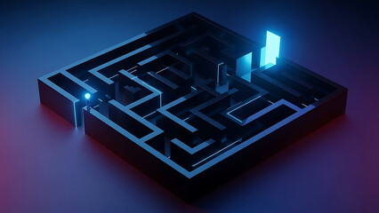 3d maze with glowing blue light at exit and entrance, complex puzzle with solution path, challenging problem solving concept with dark background