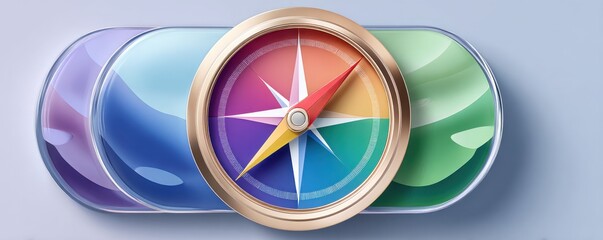 Colorful compass with rainbow dial surrounded by overlapping color panels for navigation and travel themes