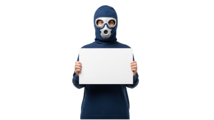A person wearing a gas mask and holding a blank sign on transparent background