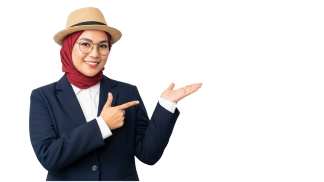 A smiling businesswoman in a hijab and hat presenting something on transparent background - Powered by Adobe