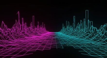 Neon wireframe landscape stretches into a dark digital horizon with contrasting magenta and cyan illumination