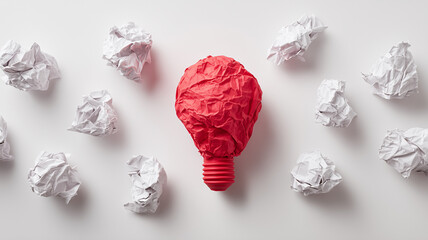 A crumpled paper forming a bulb shape among discarded sheets symbolizing creativity innovation and the emergence of new ideas after failed attempts.
