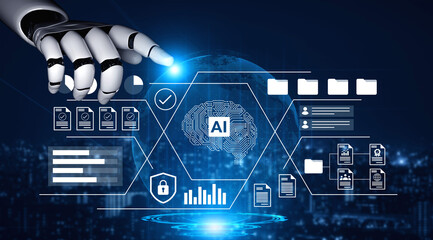 Explore a captivating visual of a robotic hand interacting with a dynamic digital interface,...