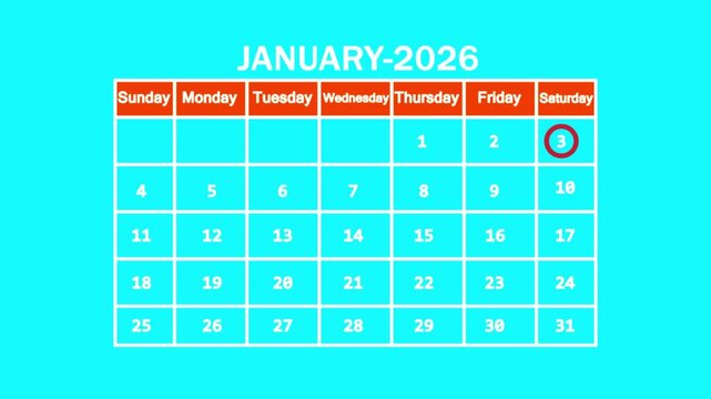 The calendar of January month 3th day is red circled, looped animation. A very important date in the calendar. Signing a day on a calendar. cyan background