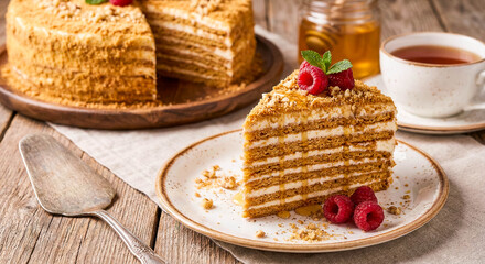 Layered Honey Cake with Raspberries and Mint
