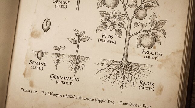 Close up of an open book showing a vintage botanical illustration of an apple tree lifecycle. The aged paper texture evokes a historical scientific mood for educational content.