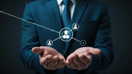 Businessman in blue suit presenting a glowing digital user profile icon in dark room - Powered by Adobe