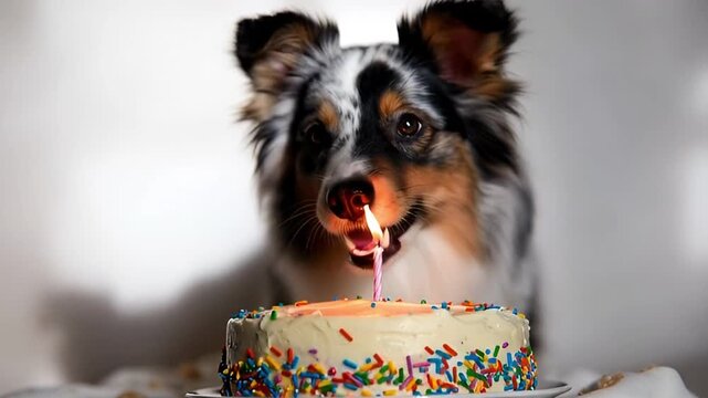 A cute Australian Shepherd celebrates her birthday with cake