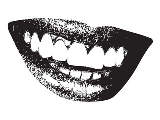 Naklejka premium Black and white vector illustration of a smiling mouth with teeth and lips