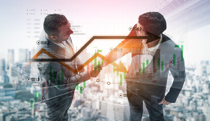 Two businessmen engage in a handshake, symbolizing partnership and success, set against a backdrop of financial charts and graphs indicating growth and strategy. Scalp
