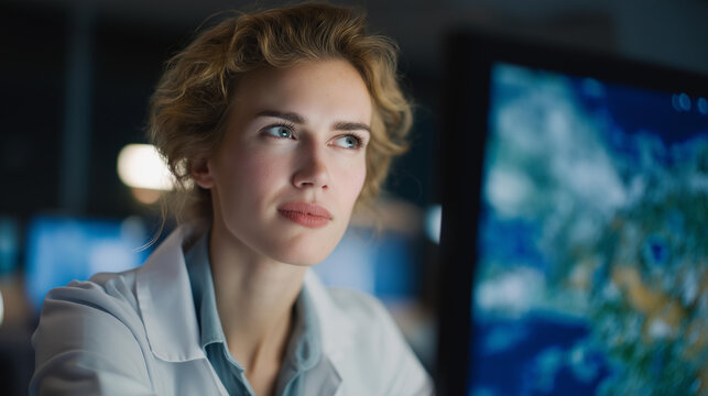 A researcher using AI-driven molecular design software to predict the behavior of engineered compounds, merging data science with next-gen chemistry innovation. cinematic color correction, natural - Powered by Adobe