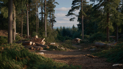 Forest land partially cleared for infrastructure while adjacent areas remain preserved, visually expressing land-use regulation, environmental balance, and policy decisions. cinematic color