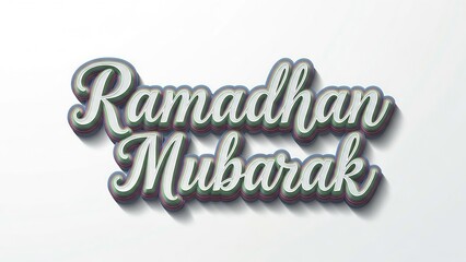 Ramadhan Mubarak text in a stylized, 3D font with a subtle shadow effect on a white background.