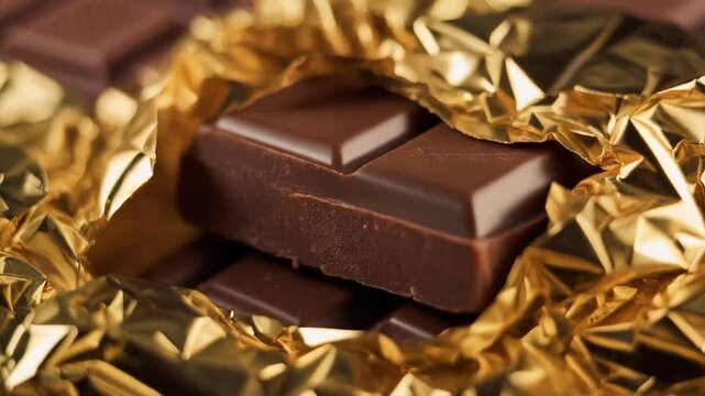 Luxury chocolate truffle unwrapping slowly from golden foil, 4K macro detail with crisp reflective textures.