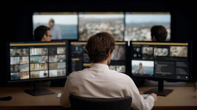 A corporate media system displaying interactive dashboards, video conferencing streams, and digital signage on a unified platform that supports hybrid teams across global offices. cinematic color