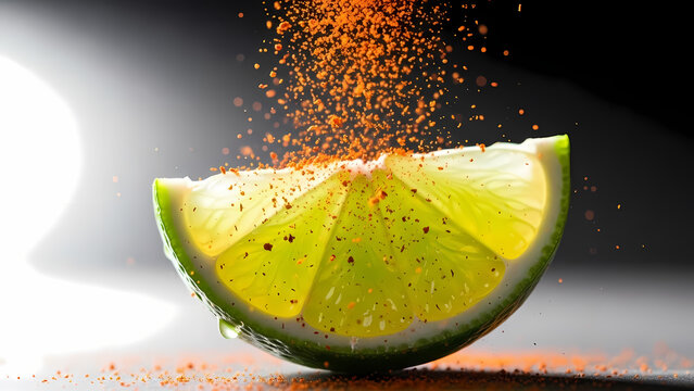 Vibrant Macro Close-up of Fresh Lime Slice Sprinkled with Spicy Red Chili Powder