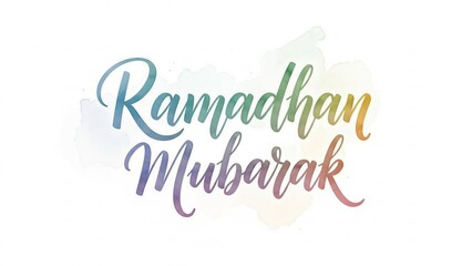 Ramadhan Mubarak calligraphy with watercolor splashes in rainbow colors, celebrating the holy month of Islamic fasting and prayer.