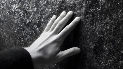 Sensory Touch: A hand delicately explores the texture of a stone wall, its fingers tracing the cool surface in a moment of tactile exploration.