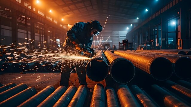 Ultra realistic cinematic view of an industrial construction site at night showing a worker in welding mask and protective clothing cutting large steel pipes with an angle grinder. Intense sparks scat