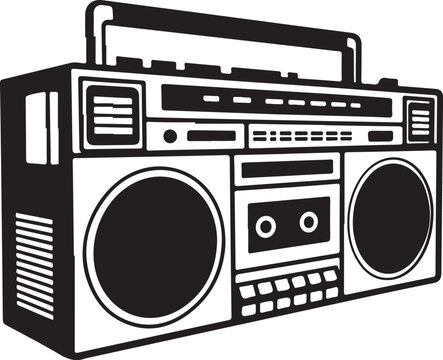 Portable boombox stereo cassette player with handle and speakers on transparent background perspective