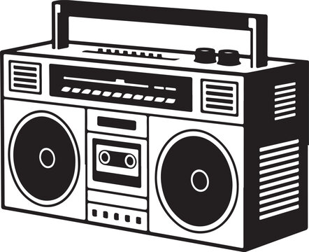 Retro portable boombox stereo cassette player with handle and speakers on transparent background