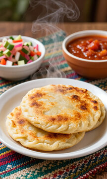 steaming plate hot pupusas sits atop woven tablecloth surrounded vibrant curtido rich red