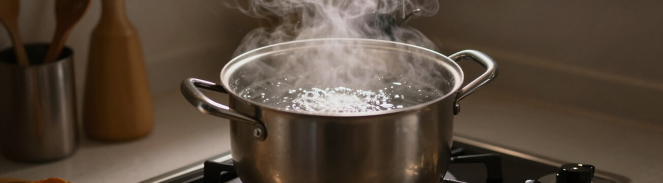 steaming pot water sits atop stovetop illuminated soft overhead lighting focused spotlight highlighting sizzling liquid