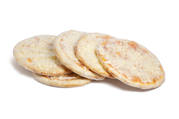 five frozen pizzas wrapped in nylon isolated