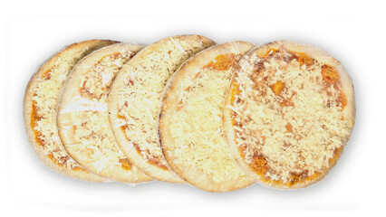 five frozen pizzas wrapped in nylon isolated