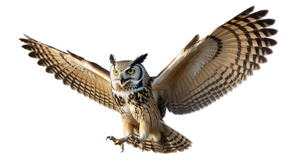 Majestic owl in flight with wings spread wide on black background