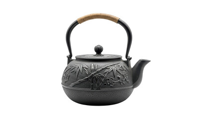 Traditional japanese cast iron teapot with wooden handle and intricate design isolated on transparent background