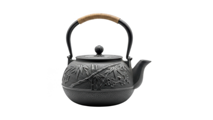 Traditional japanese cast iron teapot with wooden handle and intricate design isolated on transparent background