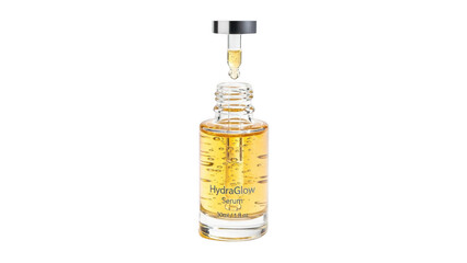 A glass bottle of yellow liquid with a dropper on a transparent background