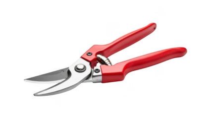 Red handled pruning shears with metal blades isolated on transparent background