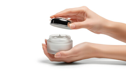 Skincare Ritual: A hand tenderly opens a jar of luxurious cream, highlighting the elegance of a daily skincare ritual, emphasizing self-care and beauty