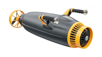 Futuristic underwater scooter with yellow accents isolated on transparent background