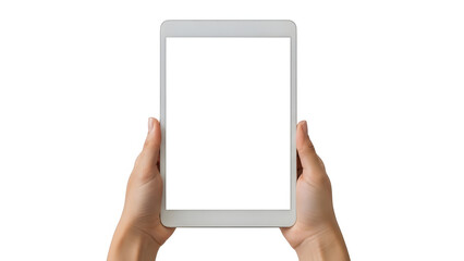 Tablet in Hands: Close-up shot of a pair of hands gracefully holding a sleek tablet with an empty screen, offering a versatile template for digital content.