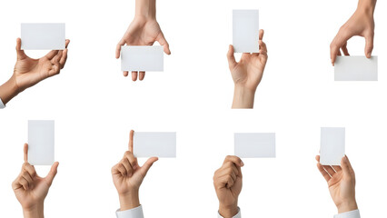 Card Presentation Montage: A collection of diverse hands displaying blank business cards, symbolizing communication, and marketing potential. Showcasing versatility and options.