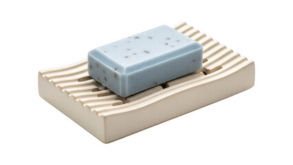 A blue soap bar on a beige soap dish with slats isolated on transparent background
